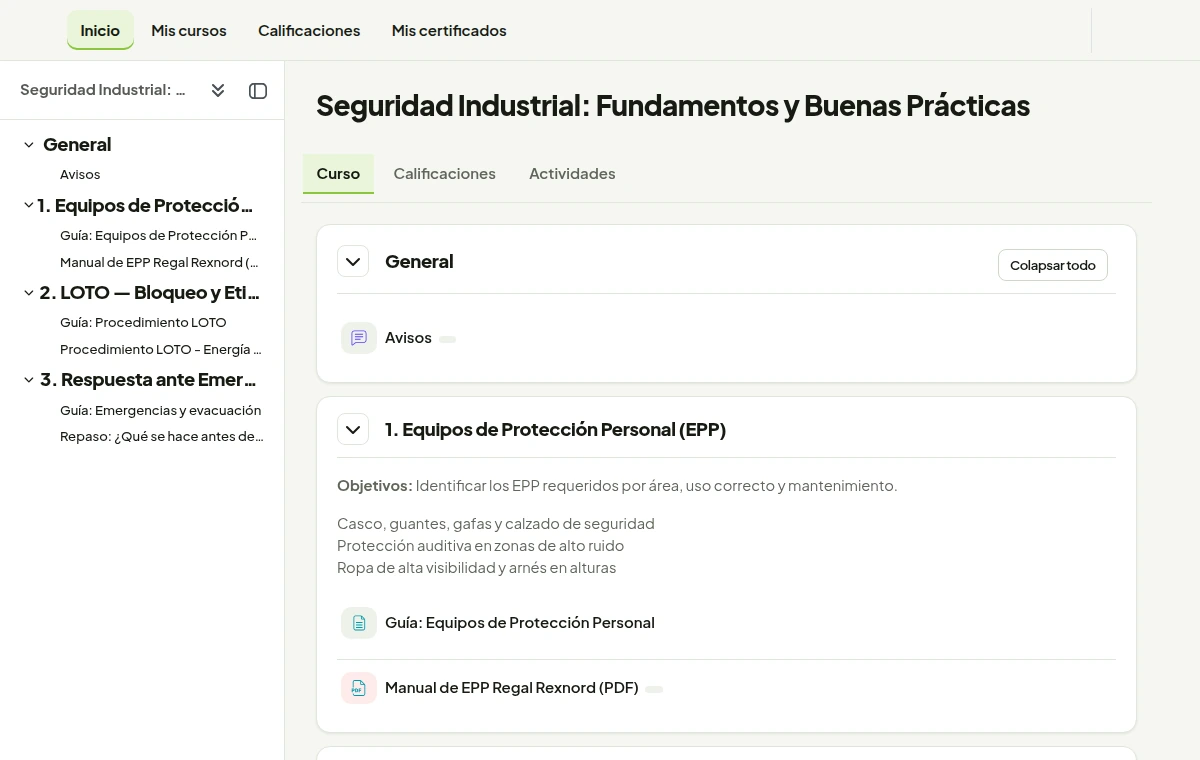 Captura real del curso de Seguridad Industrial en Moodle, con guías y materiales