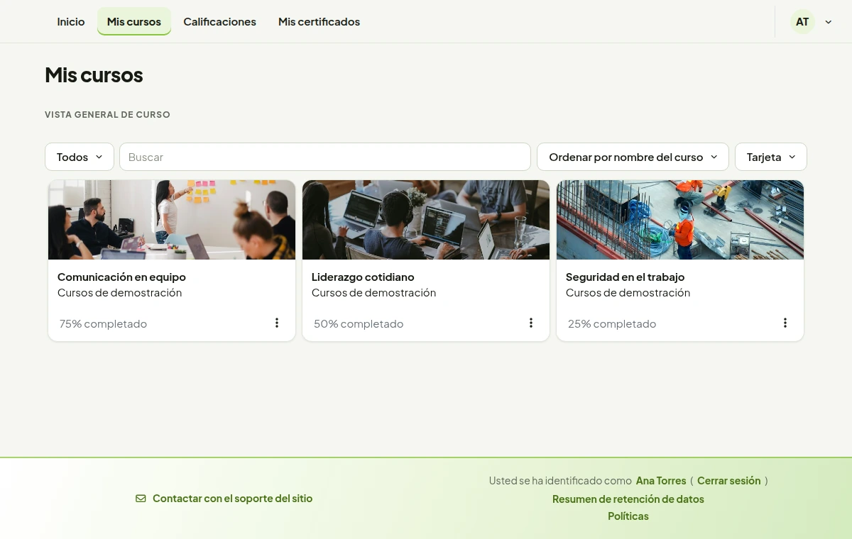 Captura real de Moodle con cursos de demostración y el avance de un perfil ficticio